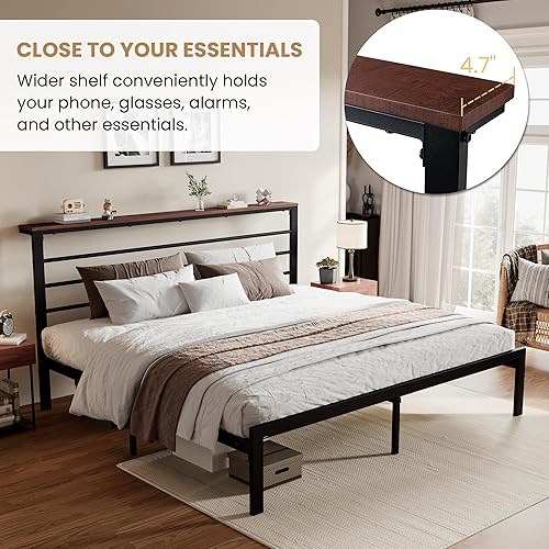 Miniatura 3 de SHA CERLIN Base de cama tamaño King con estante de cabecera y base de metal resistente, no necesita somier, color marrón