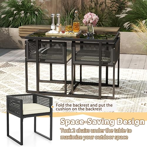 Miniatura 6 de Tangkula Juego de comedor de patio de 3 piezas, juego de bistró de mimbre de polietileno que ahorra espacio al aire libre con cojines, mesa superior