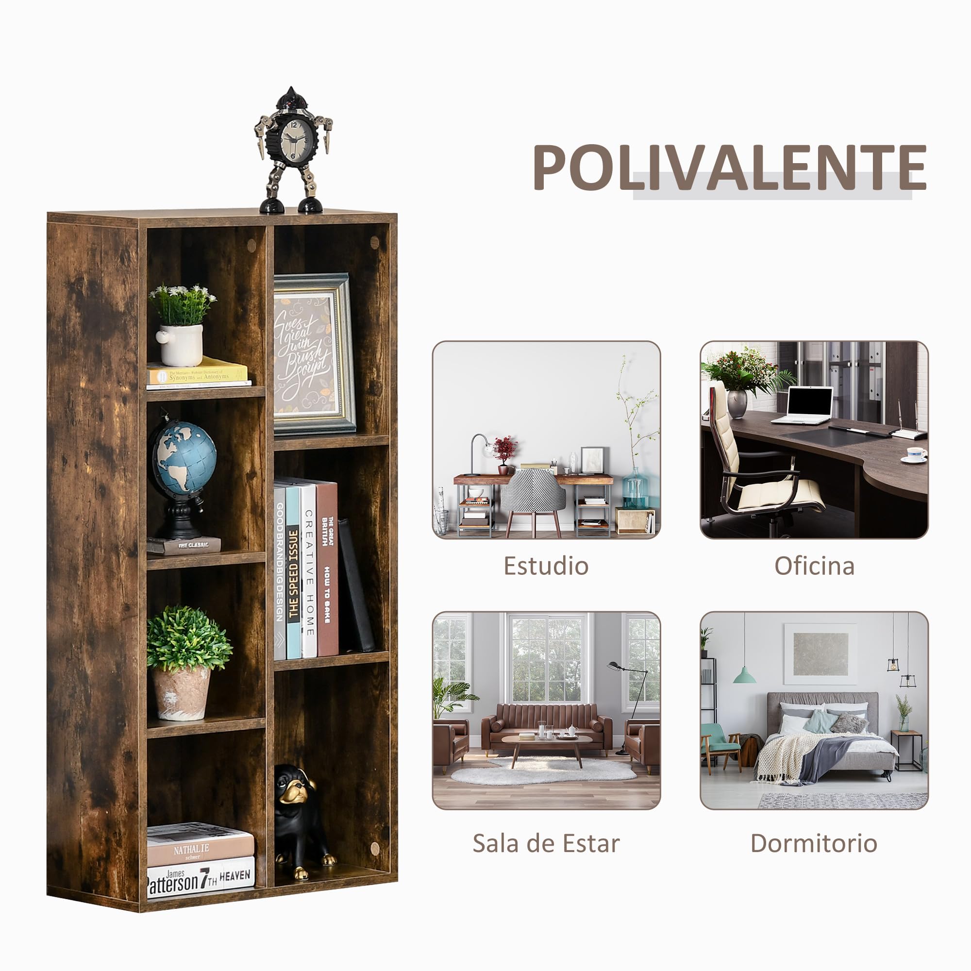 HOMCOM Estantería para Libros Librería de Madera con 7 Compartimentos de Almacenaje Plantas Archivos para Sala de Estar Dormitorio Oficina 50x24x106 cm Marrón Rústico