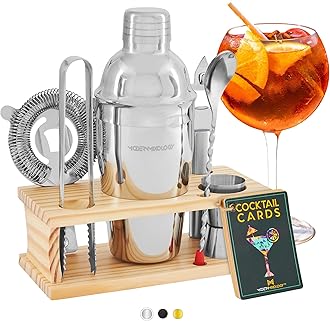 Modern Mixology Cocktail Shaker Set - 8 Piece Bartender Kit on Quality Pine Stand | Complete Cocktail Kit Gift Set | Top Bartender Gifts for Men | Leak Proof Design (Silver)