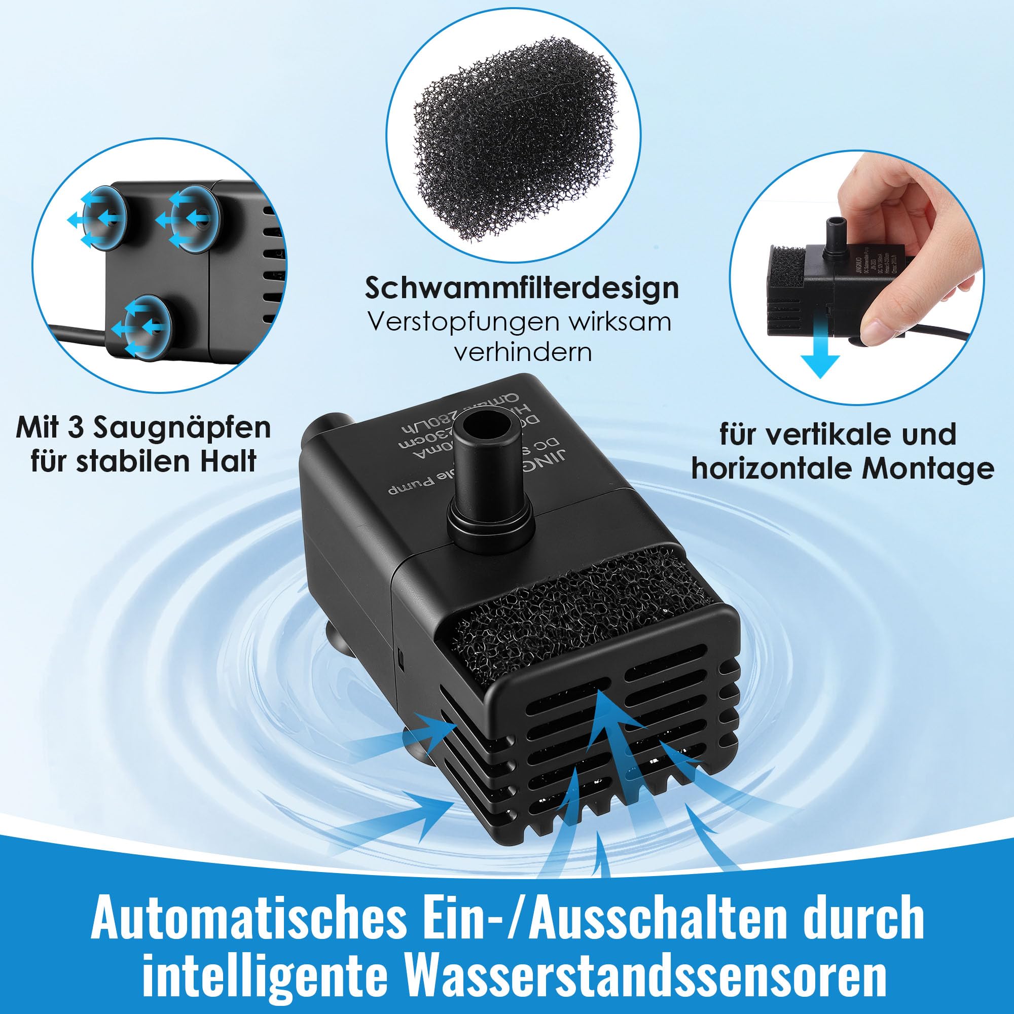Weewooday Pompe mini automatique avec capteur d eau, tuyau 2,5 m & clapet, 280 L/h pour clim, déshumidificateur, sous-sol, machine à glaçons marche/arrêt automatique & silencieuse