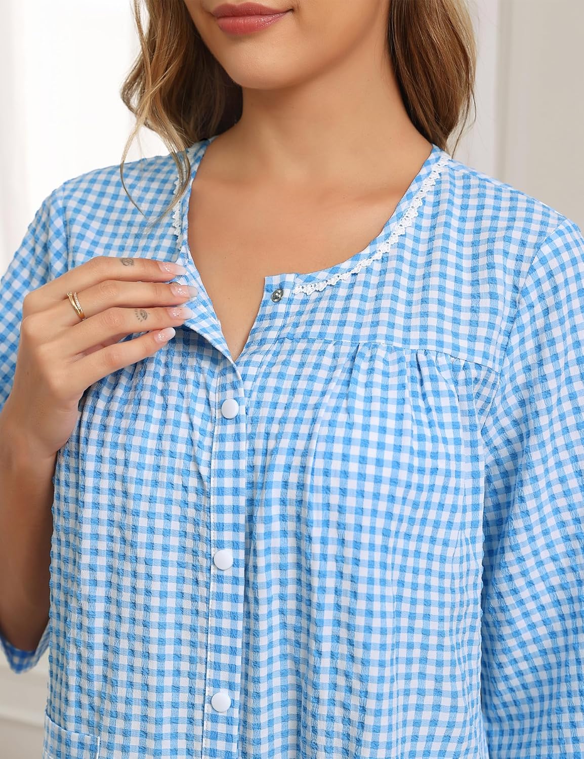 YOZLY Nightgowns for Women Cotton Snap Front Housecoat 3/4 Sleeve Housecoat with Pockets S-3XL - Image 6