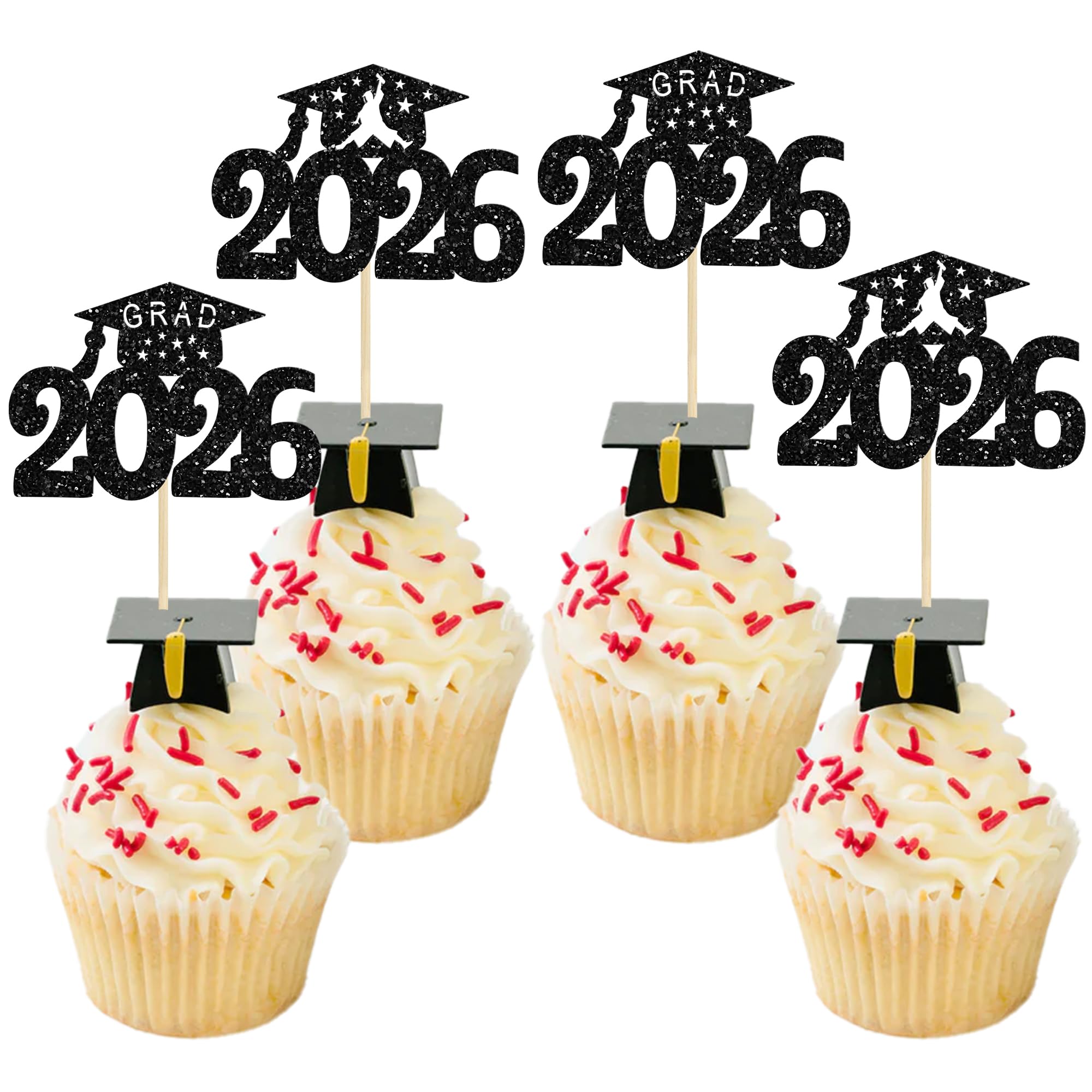 Gyufise 24Pcs Black Glitter 2026 Graduation Cap Cupcake Toppers Class of 2026 Grad Cap Cupcake Picks for 2026 Graduation Theme Party Cake Decorations Supplies