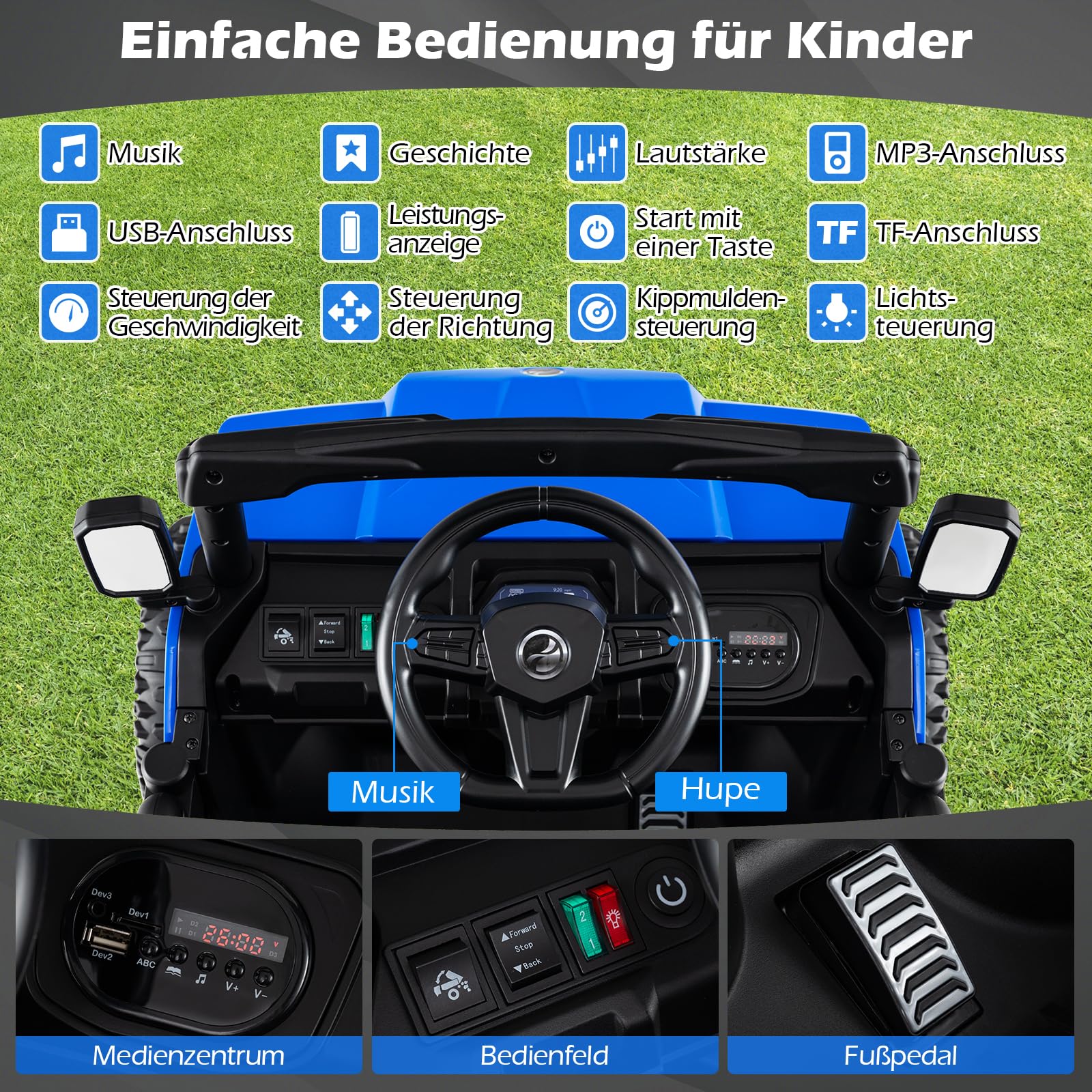 COSTWAY 24V Kinder Elektroauto, Kinderauto mit elektrischer Kippmulde & Fernbedienung, Kinderfahrzeug mit Musik, Geschichten, LED-Lichter & Federung, Elektrofahrzeuge für Kinder ab 3 Jahren (Blau)