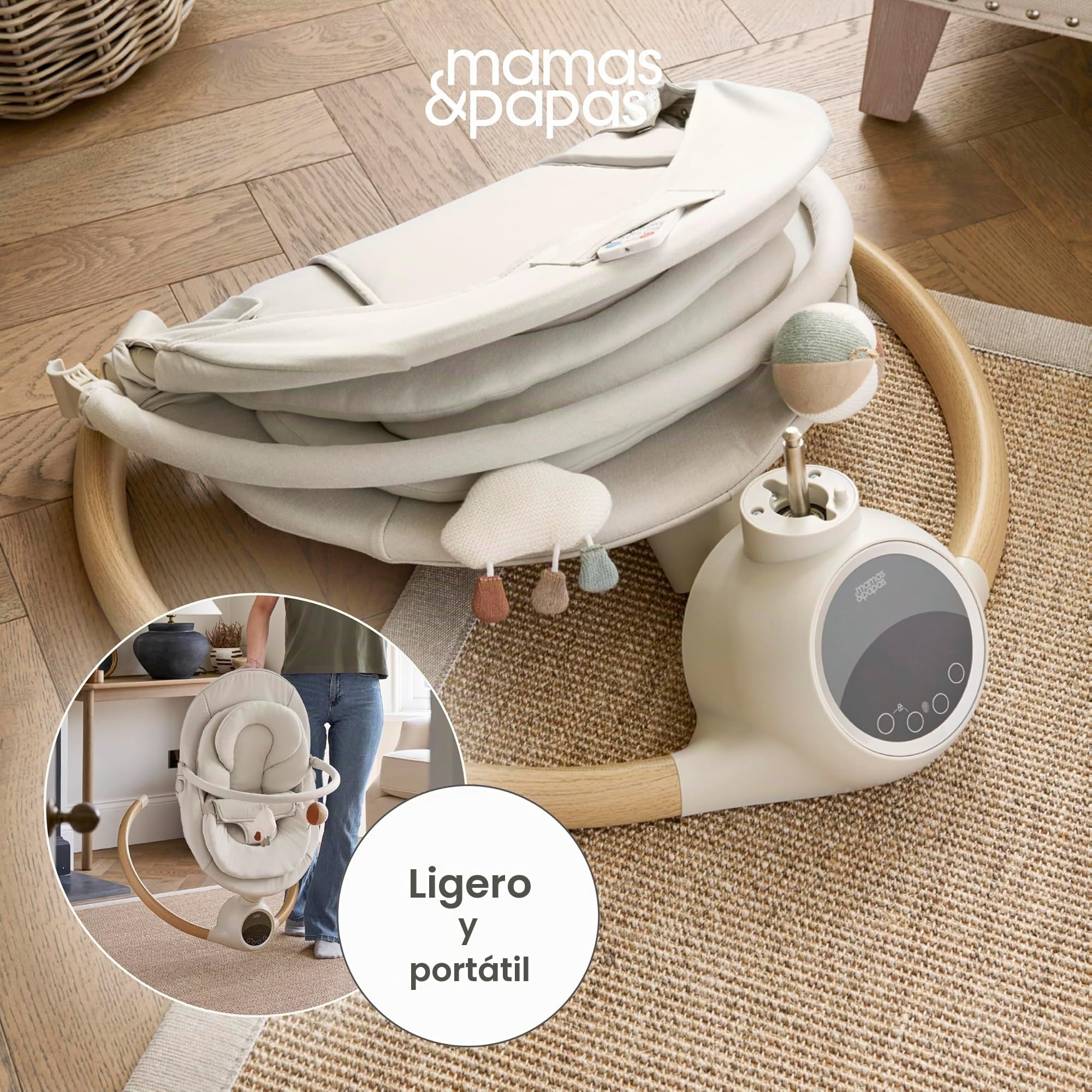 Mamas & Papas Alto Smart Baby Swing, Pantalla táctil, multivelocidad, melodías, Bluetooth y Control Remoto, Cachemira