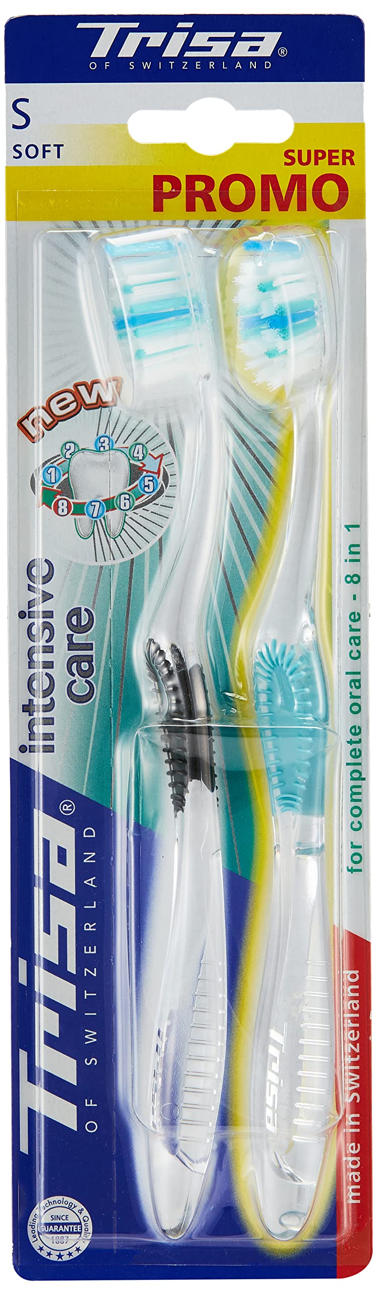 Trisa Intensive Care Soft Toothbrush For Complete Oral Care 8 in 1, Flexible Interdental Brush, (pack of 2), Assortment