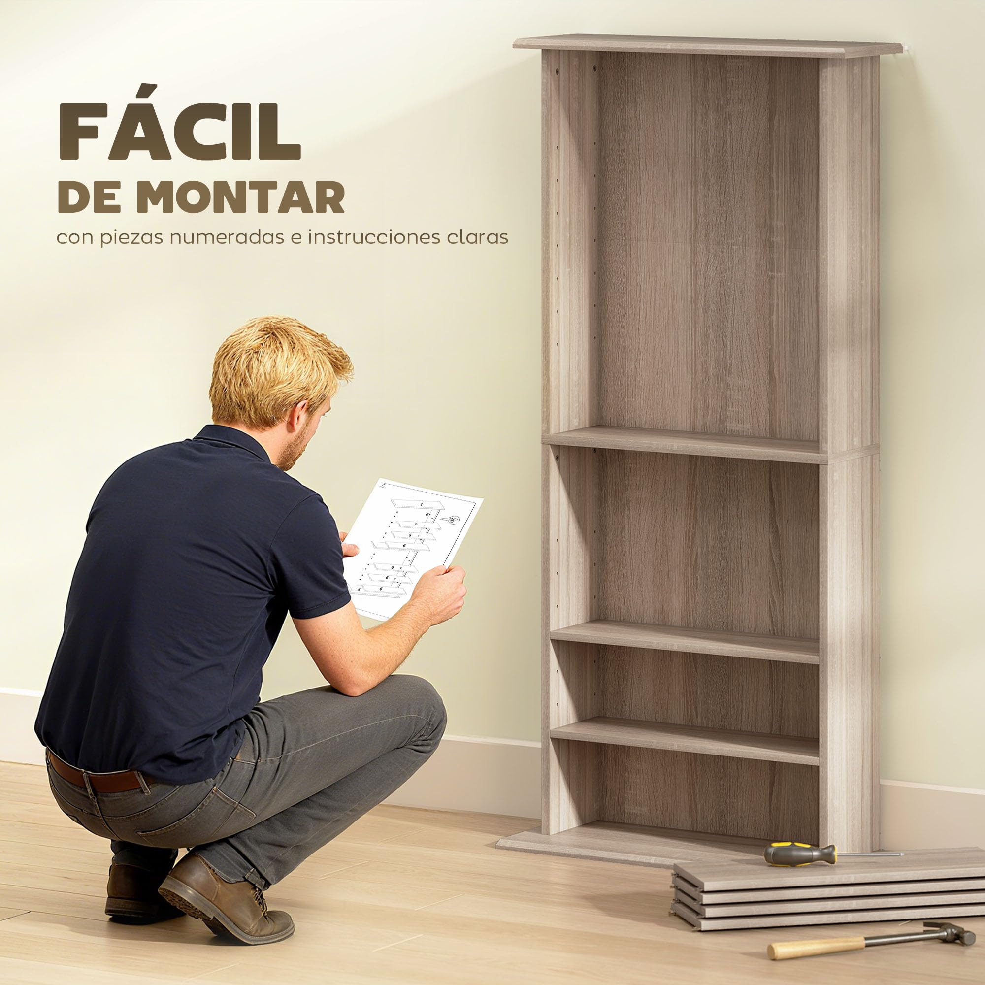 HOMCOM Scaffale per CD e DVD Scaffale stretto per CD con 8 scomparti regolabili per il soggiorno e l'ufficio 58x24x126,3 cm Legno naturale