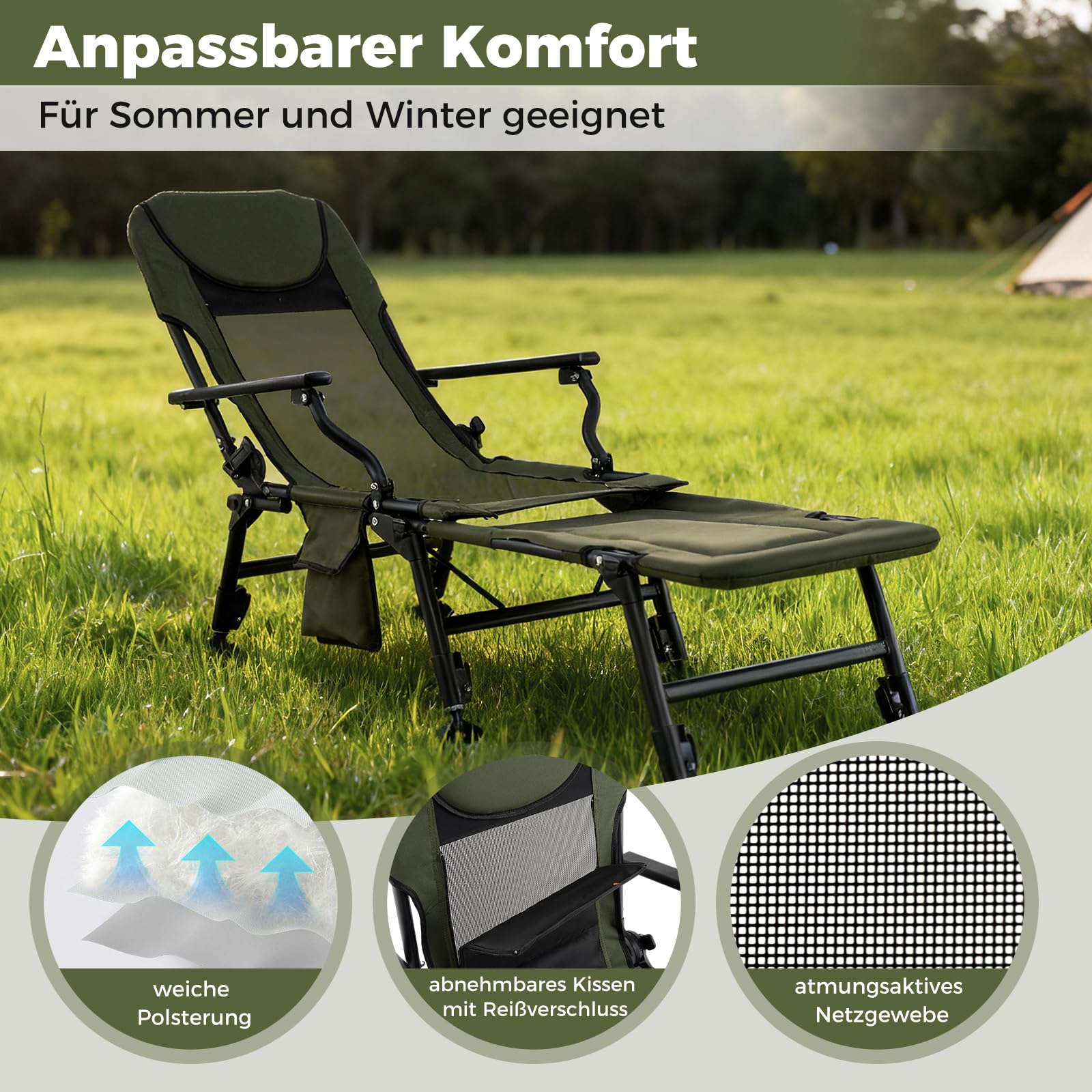 COSTWAY Angelstuhl mit Abnehmbarer Fußablage, Campingstuhl mit Verstellbarer Rückenlehne & gepolsterter Hochlehne, Karpfenstuhl höhenverstellbar, Faltbarer Fischerstuhl für Camping, Angeln, Zelten