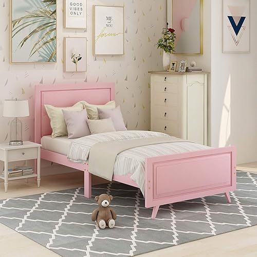 Cama individual de madera para niñas, con marco, cabecera y piecera para niñas y niños pequeños