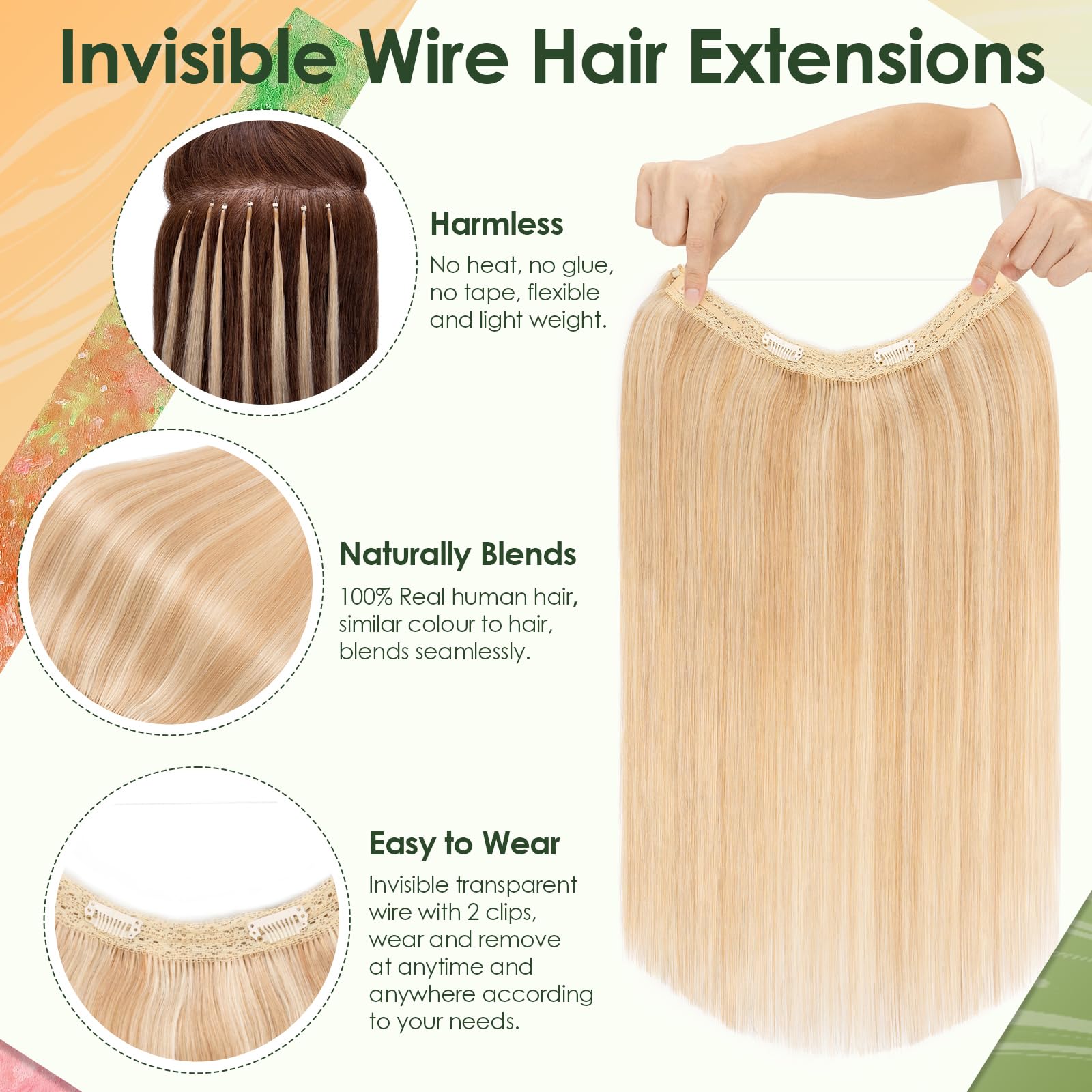 Benehair #18P613 Ash Blonde Mix Bleach Blonde Clip in Hair Extension on Wire 100% Remy Real Human Invisible Secret Wire Hair Extensions Straight 14 Inches (60g) - Image 2