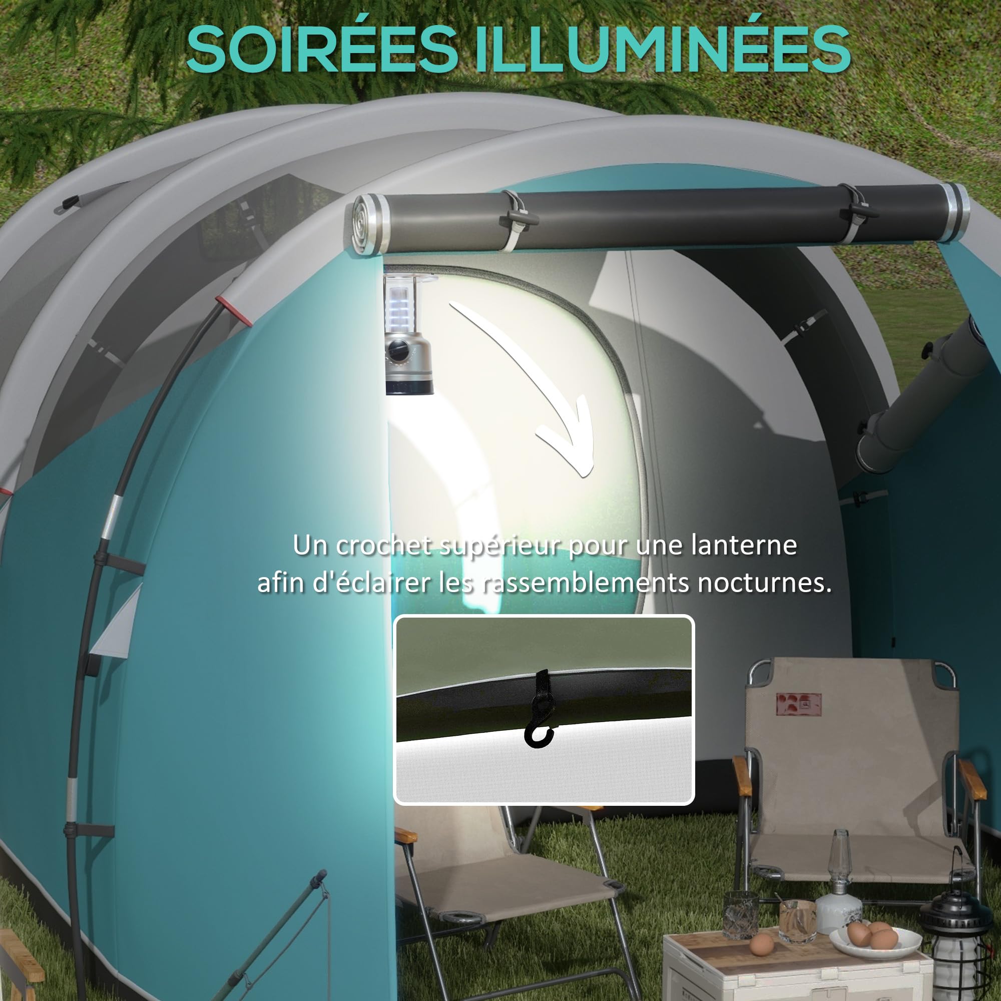 Outsunny Tente de Camping familiale 4-5 Personnes, Tente Tunnel imperméable, 2 Portes + fenêtres, ventilée, Facile à Monter, 4,6 x 2,6 x 1,9 m, Bleu
