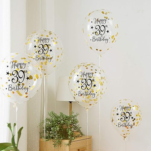 Miniatura 2 de Globos dorados de látex con confeti del número 39, decoración de globos de fiesta de cumpleaños de 39 años para mujer u hombre, 12 pulgadas, paquete