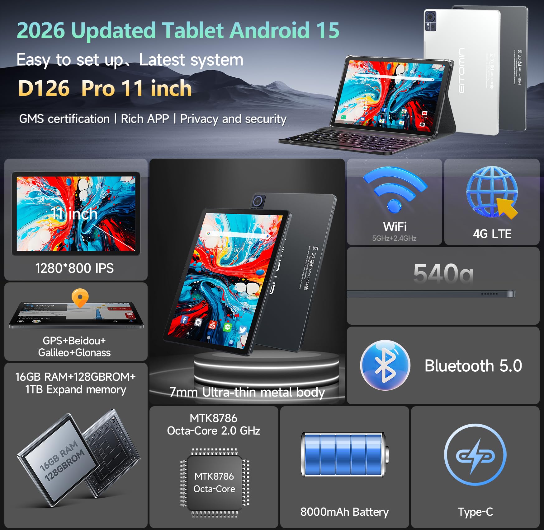 Tablet Android 15 2026 Ultimo Tablet da 11 pollici con tastiera, 128 GB ROM 16 GB RAM 2 TB espandibile, 8000 mAh, tablet Octa-Core con WiFi 5G/2.4G, grande schermo Incell, fotocamera da 13 MP+8 MP