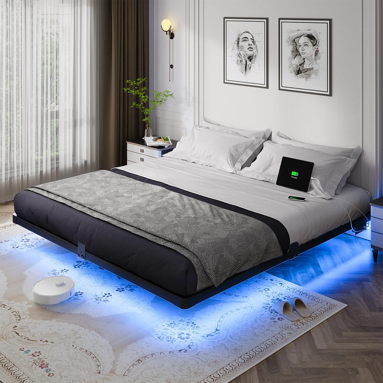 OLEVS King Size Floating Bed Frame Metal Platform with LED Light and Charging Station No Box Spring Needed