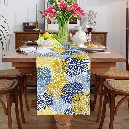 Miniatura 2 de Camino de mesa de flores de dalia de 72 pulgadas de largo, camino de mesa floral azul amarillo decoración de cocina para fiesta en el hogar y