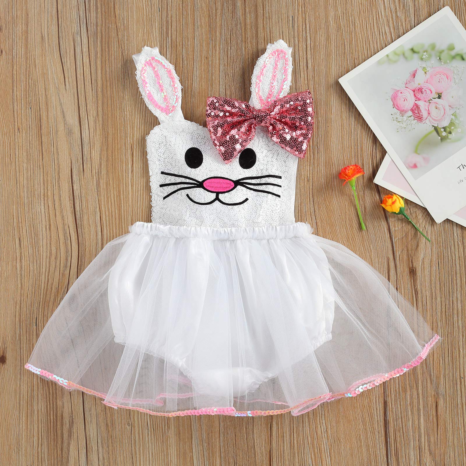 Xiaodriceee Toddler Baby Girl Easter Outfit Sleeveless Bunny Tutu Dresses One Piece Prince Party Sequin Dress (White Bunny, 6-12 Months)
