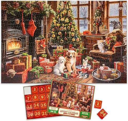 Calendario de Adviento de Navidad 2024 - Rompecabezas de 1000 piezas de chimenea para niños y adultos, 27.6 x 19.7 pulgadas, 24 cajas de