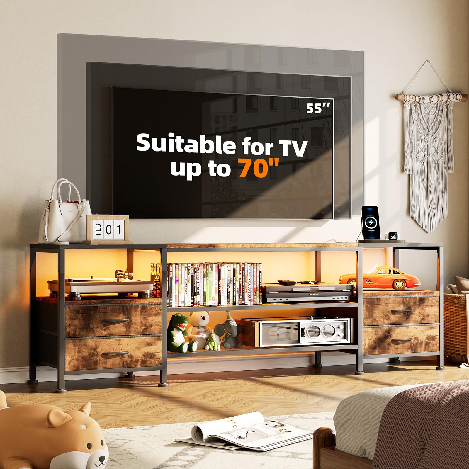 Meuble TV pour TV Jusqu’à 70 Pouces, Meuble TV avec Prises de Courant et Ports USB, avec 4 tiroirs, éclairage LED RVB à Couleur réglable, pour Salon ou Chambre à Coucher (Bois)