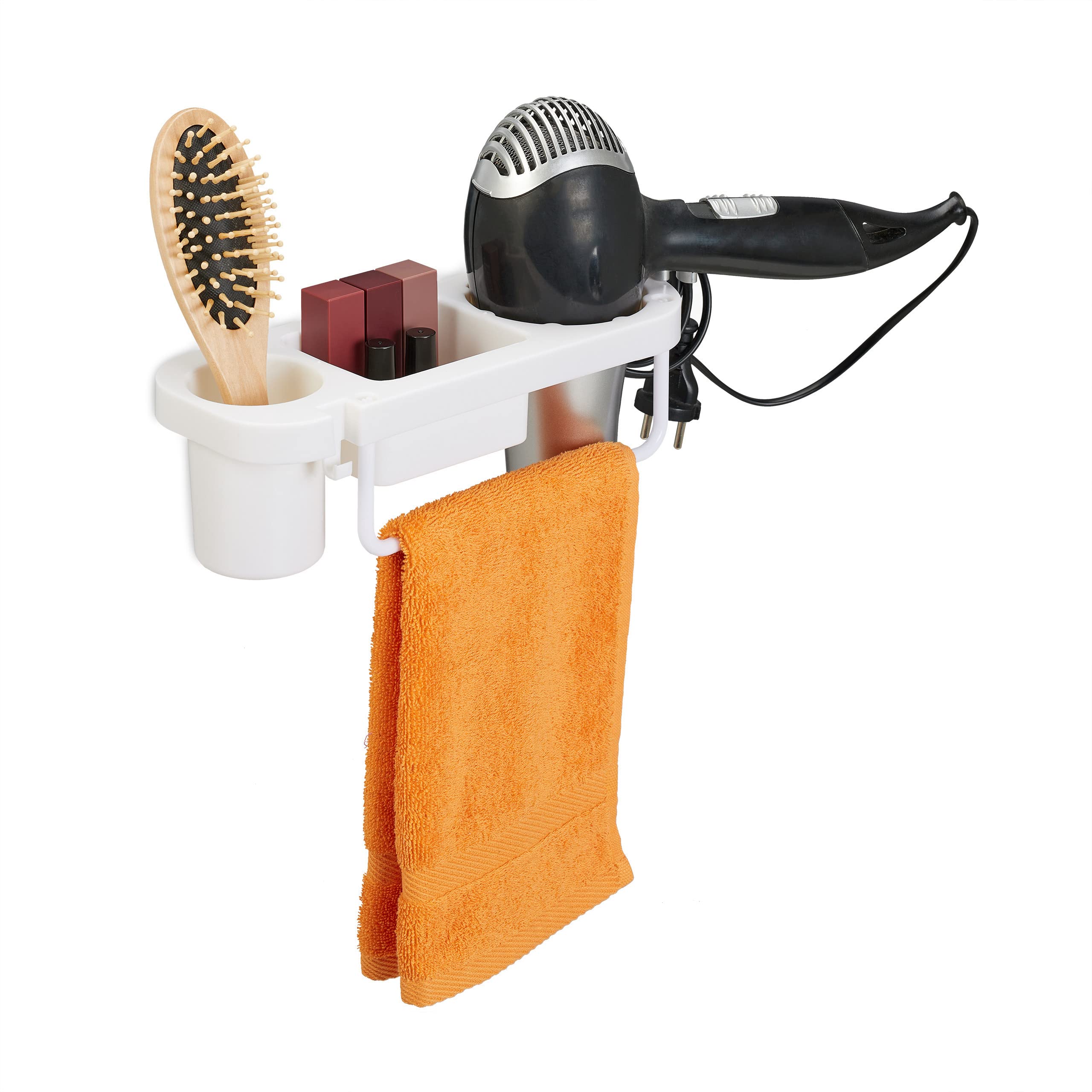 Relaxdays White Hairdryer Without Drilling, Plastic, Cable Holder & Shelves, Wall, Hxwxd 9X30x10,5 Cm, 9X30x10.5 Cm