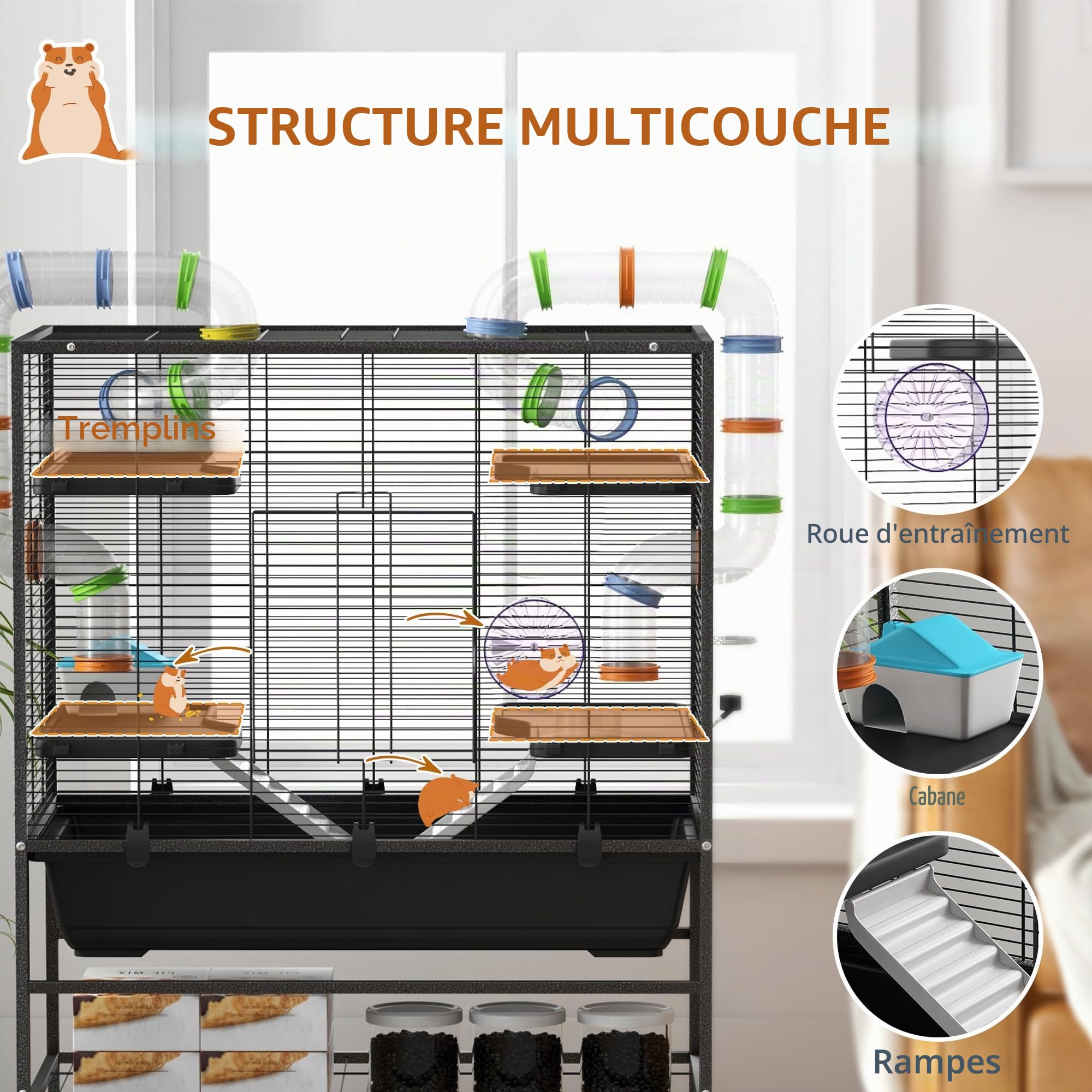 PawHut Grande Cage Hamster avec Roue pour Hamster syrien Noir | Tubes, étagère de rangement, rampes, roue de course, bol nourriture, biberon