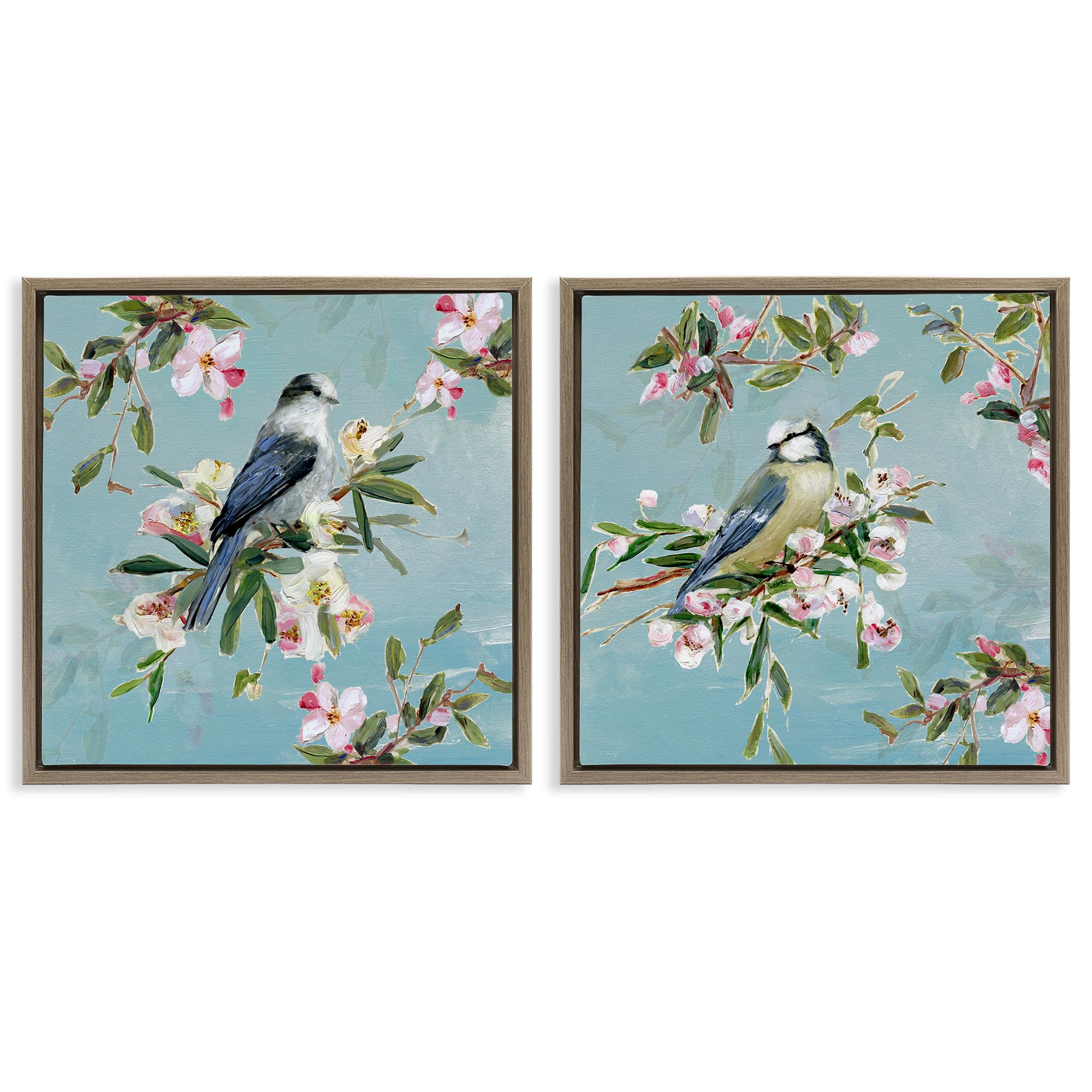 Stupell Industries Montalcino Elm (Textured) 'Songbirds Among Spring Blossoms', 2Pc Floating Frame Art Set 2, Brown, 18 X 18 Inches, Easy To Hang And Sturdy, Made In Usa, By Sally Swatland