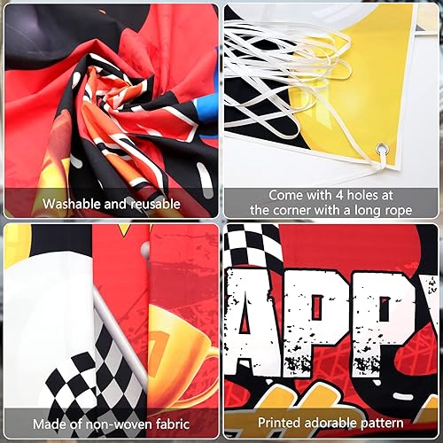 Miniatura 7 de Suministros de decoración de fiesta de cumpleaños de coche de carreras con telón de fondo de coche de carreras de feliz cumpleaños, mantel y