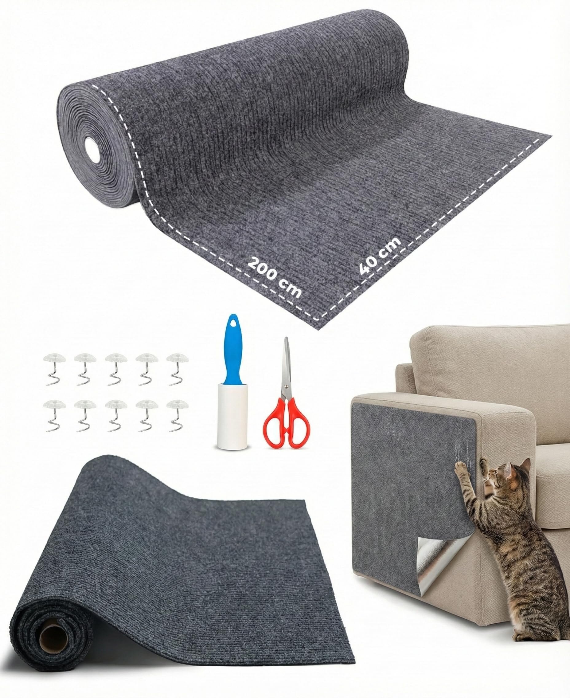 Protector Sofá para Gatos Anti Arañazos, Rascador Adhesivo Gris 200x40 cm | Extra Grande, Recortable a Medida, Poliéster Resistente, Doble Fijación sin Taladrar, Rodillo Quitapelos, Tijeras, Tornillos