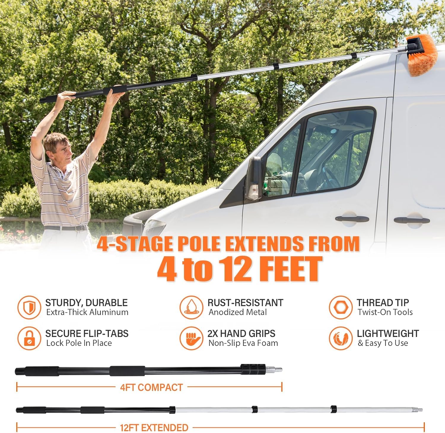 Auto-Reinigungsset, 1,2 - 3,6 m, mit extra dickem Aluminium, 3 x Verlängerungsstange, für Wohnwagen, LKW, mit weicher Bürste, Reifenbürste, Rakel, Autowaschhandschuh, Mikrofaser-Reinigungskopf