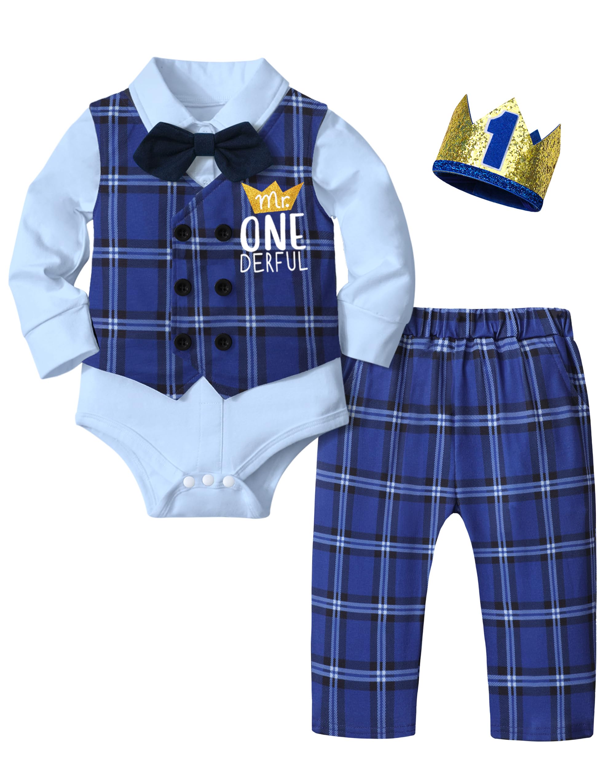 Aulyffo 1st Birthday Outfit Boy,First Birthday Boy Outfit Mr Onederful Long Sleeve Romper + Double Breasted Vest+ Pants + Bowtie + Cute Hat 5Pcs Baby Boy First Birthday Outfits Blue Plaid
