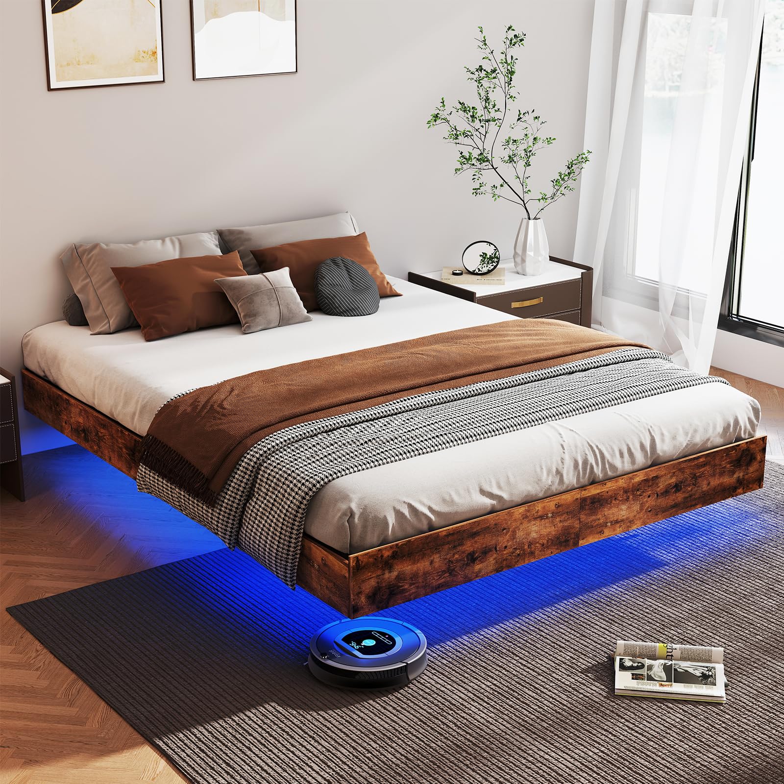 Floating Bed Frame Queen with LED Lights, Metal Platform Queen size Floating Bed Frame with Under Bed Storage, Heavy Duty Steel Slats Support, No Box