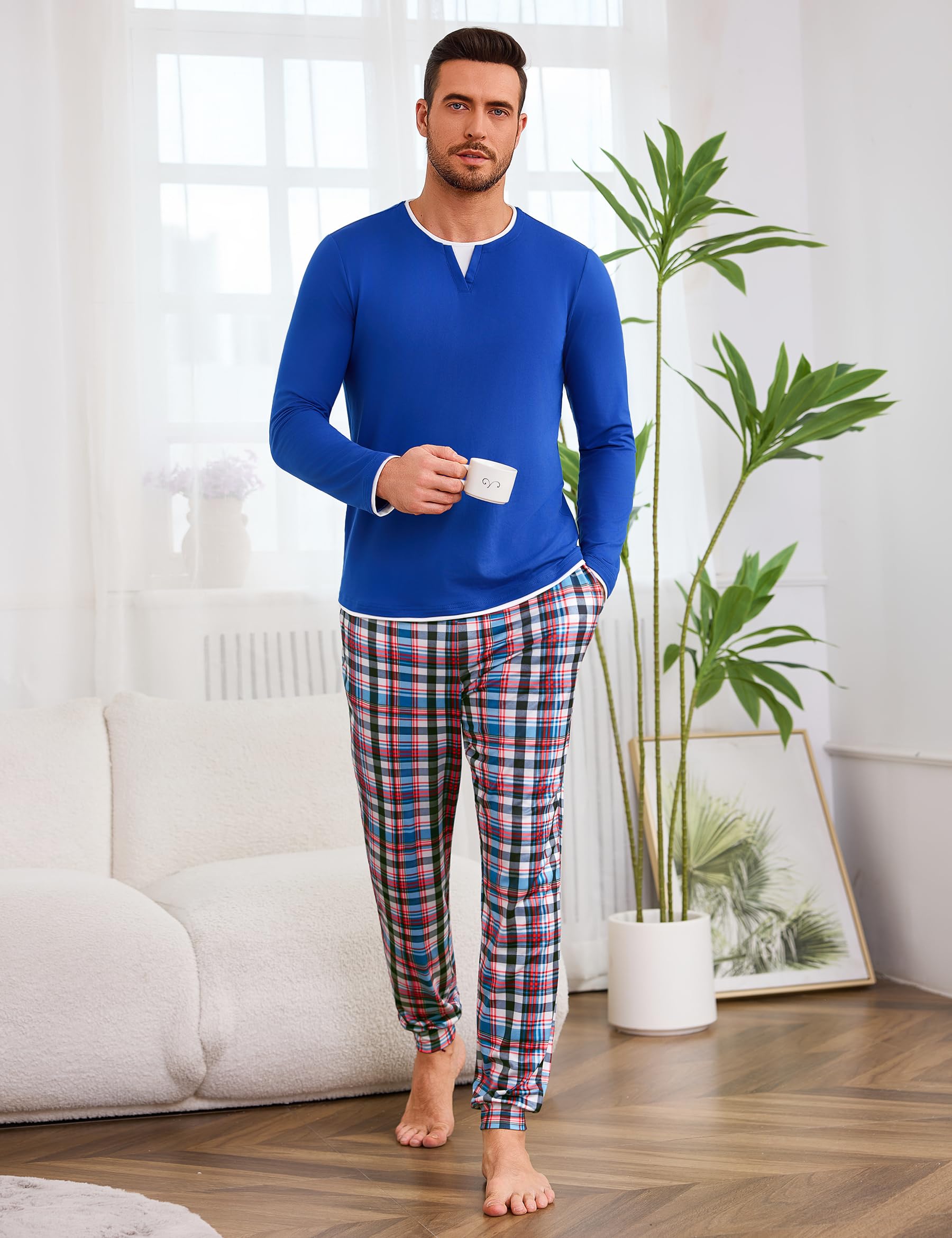 Jahetuul Pigiama Uomo Invernale Caldo Cotone Lungo Pigiami Due Pezzi da Uomo Maniche Lunghe Top con Design a Colletto Multistrato Lunghi Pantaloni con Tasche e Coulisse