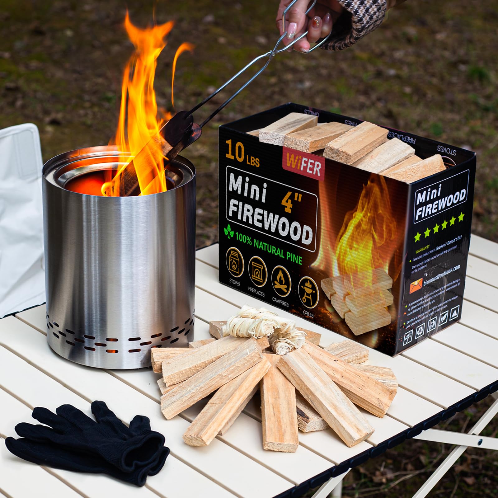 Mini-Feuerstab mit Feuerstarter und Zange, 10,2 cm, ofengetrocknetes Kiefernholz, tolles Brennholz für Holzöfen, Tisch-Feuerstelle, BBQ-Grill, Pizzaofen, Solo-Herd-Zubehör, Grillzubehör, 4,5 kg