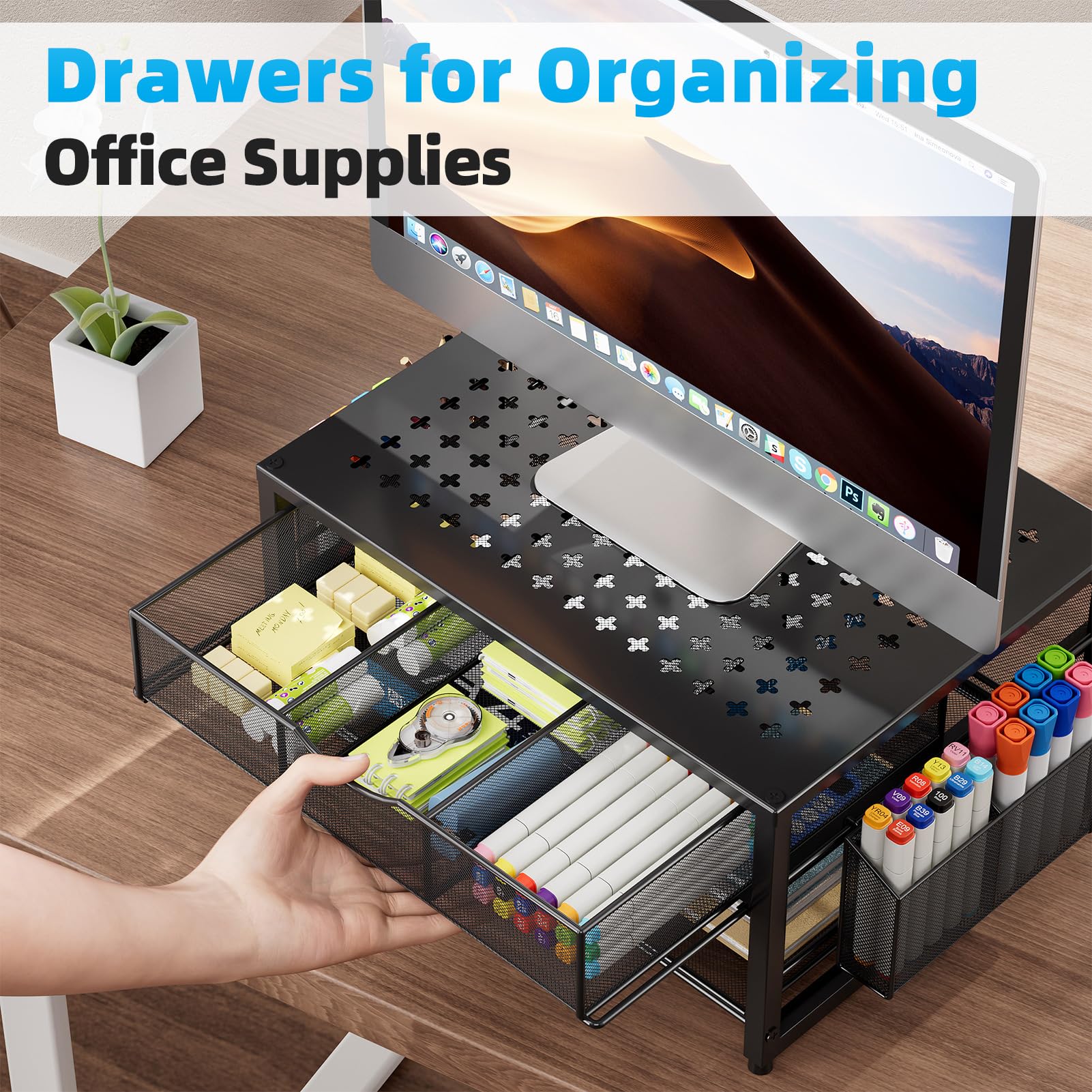 Soporte de impresora de metal para escritorio con cajón de almacenamiento y 2 soportes para bolígrafos, organizador de escritorio de 2 niveles para oficina en casa, organizador de escritorio 7