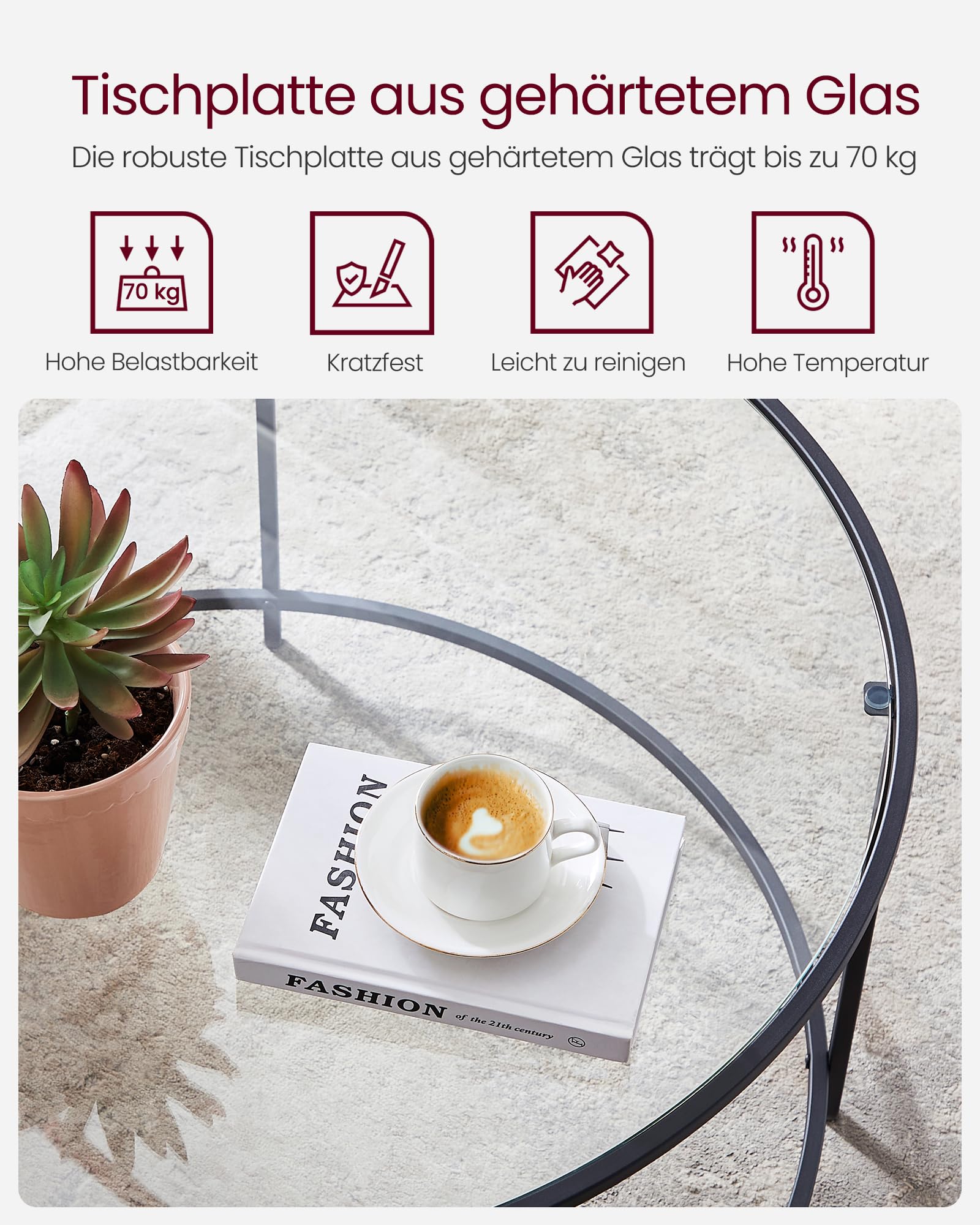 VASAGLE Runder Couchtisch, Wohnzimmertisch mit Stahlgestell, Salontisch, Beistelltisch, schwarz LGT021B01