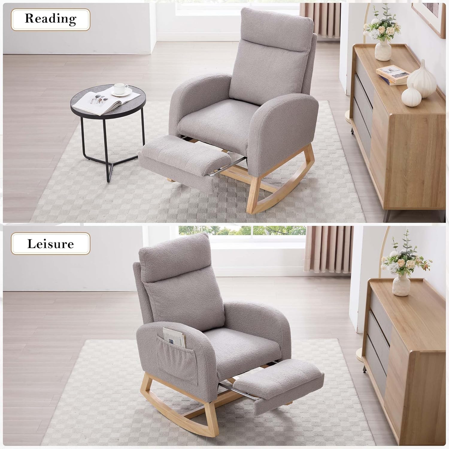 40" Teddy Nursing Rocking Chair, Nursery Chairs with Adjustable Foot Rest, High Backrest Upholstered Arm Chair with Side Pockets, Wood Rocking Chair for Living Room, Bedroom, Baby Room (Light Gray)