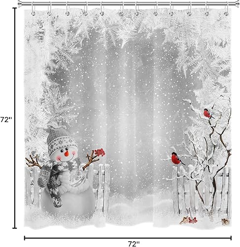 Miniatura 8 de Cortina de ducha de Navidad de invierno, lindo muñeco de nieve y cardenales en campo de nieve, cortina de ducha gris con escena de nieve para baño,