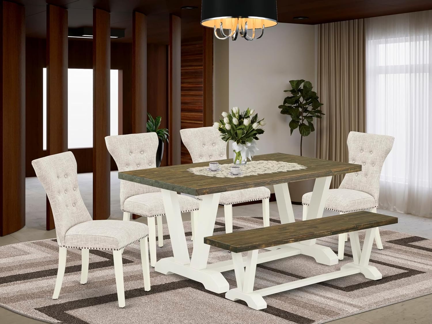 East West Furniture V076GA235-6 6 Piece Dining Table Set Contains a Rectangle Dining Room Table with V-Legs and 4 Doeskin Linen Fabric Parson Chairs with a Bench, 36x60 Inch, Multi-Color