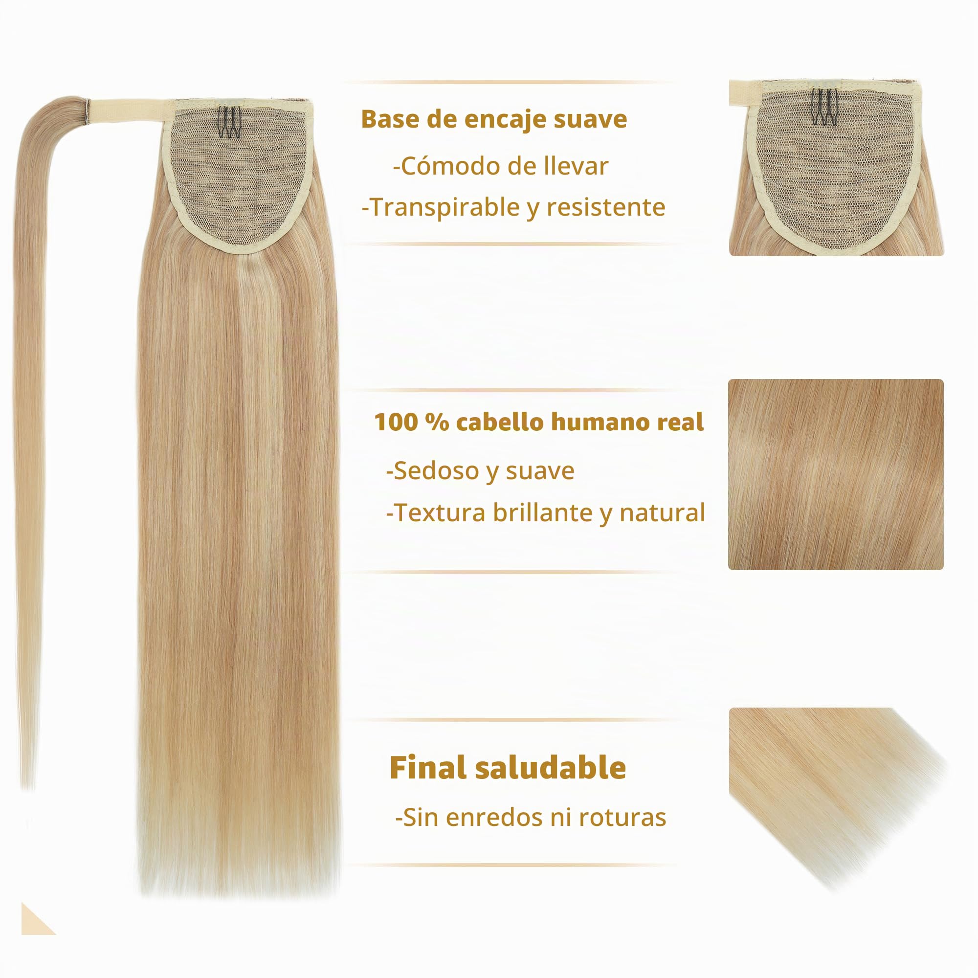 14"(35cm) SEGO Coleta Postiza Lisa Pelo Natural [#18/613 Rubio Ceniza/Blanqueador Rubio] Extensiones de Cabello Humano Clip Remy Ponytail Extension Human Hair (80g)