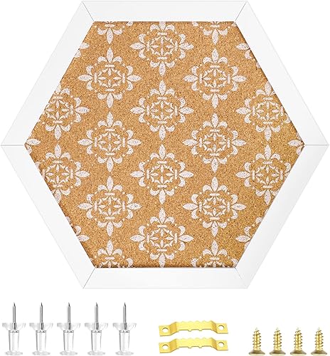 Aitakatta Tablero de corcho decorativo para paredes, tablero de anuncios hexagonal con estampado floral, tablero de anuncios blanco enmarcado para