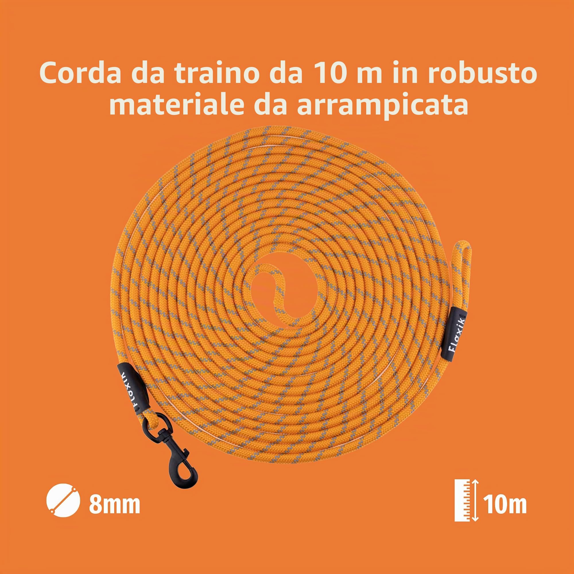 Floxik Lonza per cani | 5 m, 10 m, 15 m, 20 m arancione | guinzaglio a corda riflettente con maniglia rimovibile | ideale anche come guinzaglio da addestramento per cuccioli