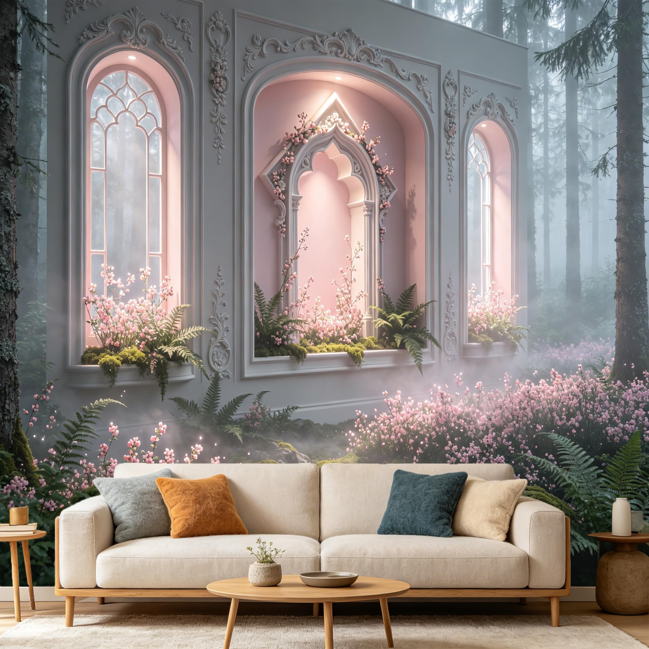 Custom Size Wall Mural， 3D Trompe L'Oeil Neoclassical Archway Pink Floral Forest Botanical， SelfAdhesive Art Prints wall Fabric Removable Large Wallpaper Home Living Room Decor