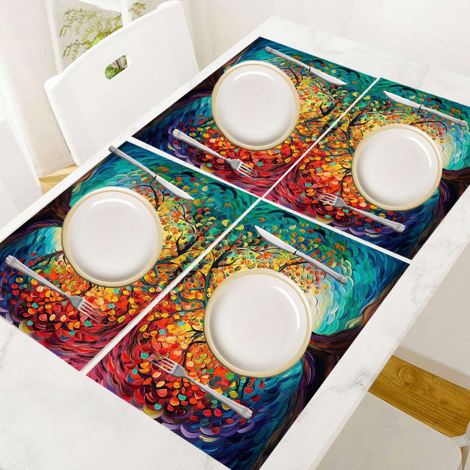 Set di 8 Tovagliette Americane Lavabili Cotone Lino Adornare - Tovaglietta Americana Resistenti al Calore Durevole Alberi colorati - per Colazione Pranzo 30×45 cm