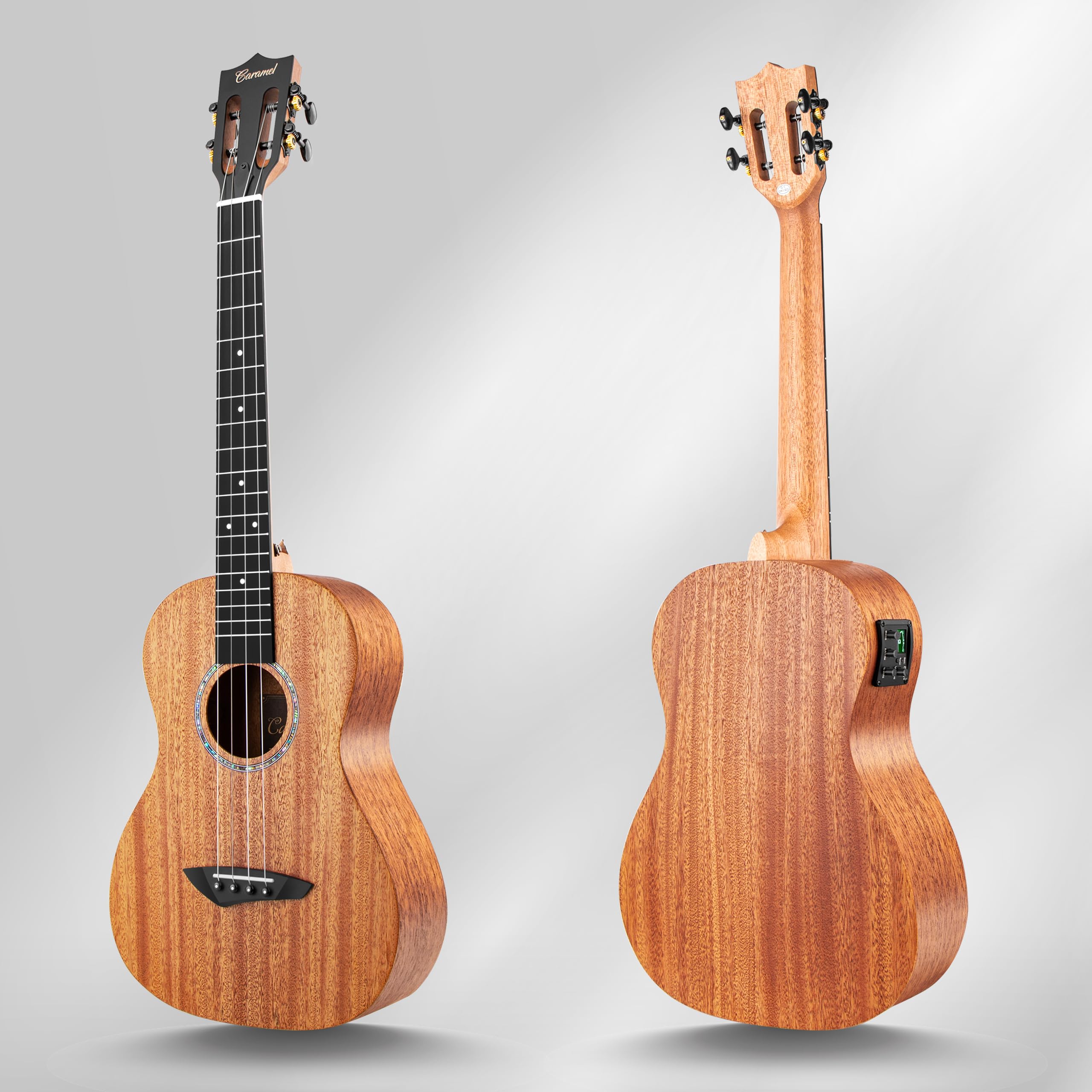 Caramel CB402 - Ukelele eléctrico barítono de madera de caoba maciza de 76 cm, kit de instrumentos de ukelele profesional de madera hawaiana pequeña para principiantes, paquete de iniciación, bolsa de