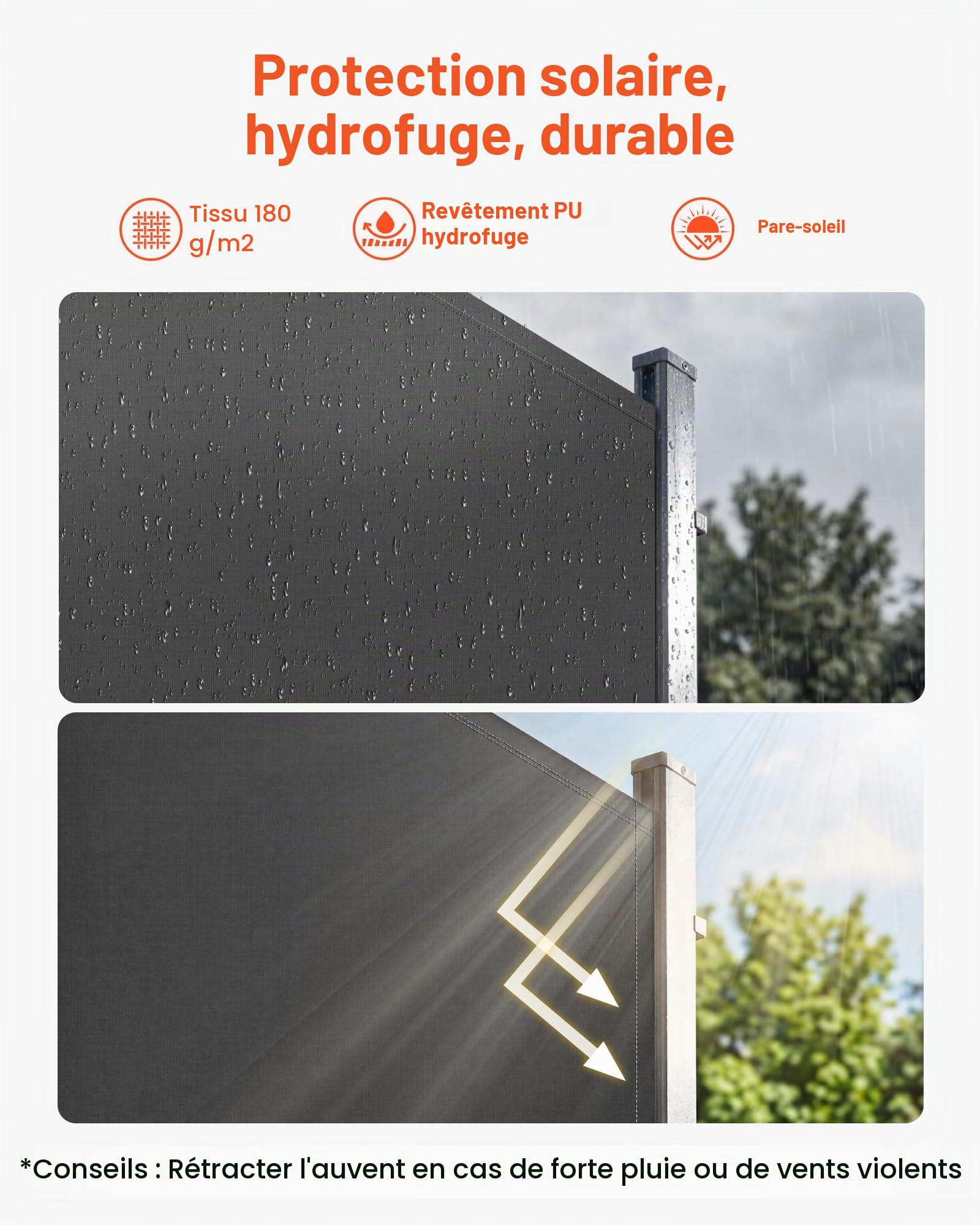 VEVOR Store Latéral Rétractable 185x420 cm, Brise-Vue Rétractable pour Terrasse, Jardin, Balcon et Piscine, Toile Polyester 180 g/m², Protection Solaire, Imperméable, Délimitation de l'espace, Gris