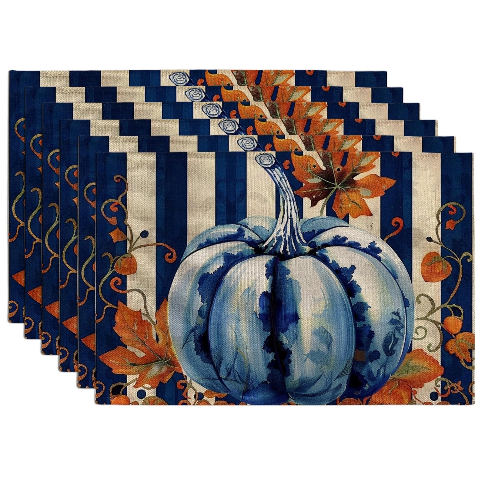Fall Harvest Blue Pumpkin Placemats, Navy Striped Decorative Table Mats for Thanksgiving Dinner, Non-Slip Washable Indoor Outdoor Party Placemats Set of 6