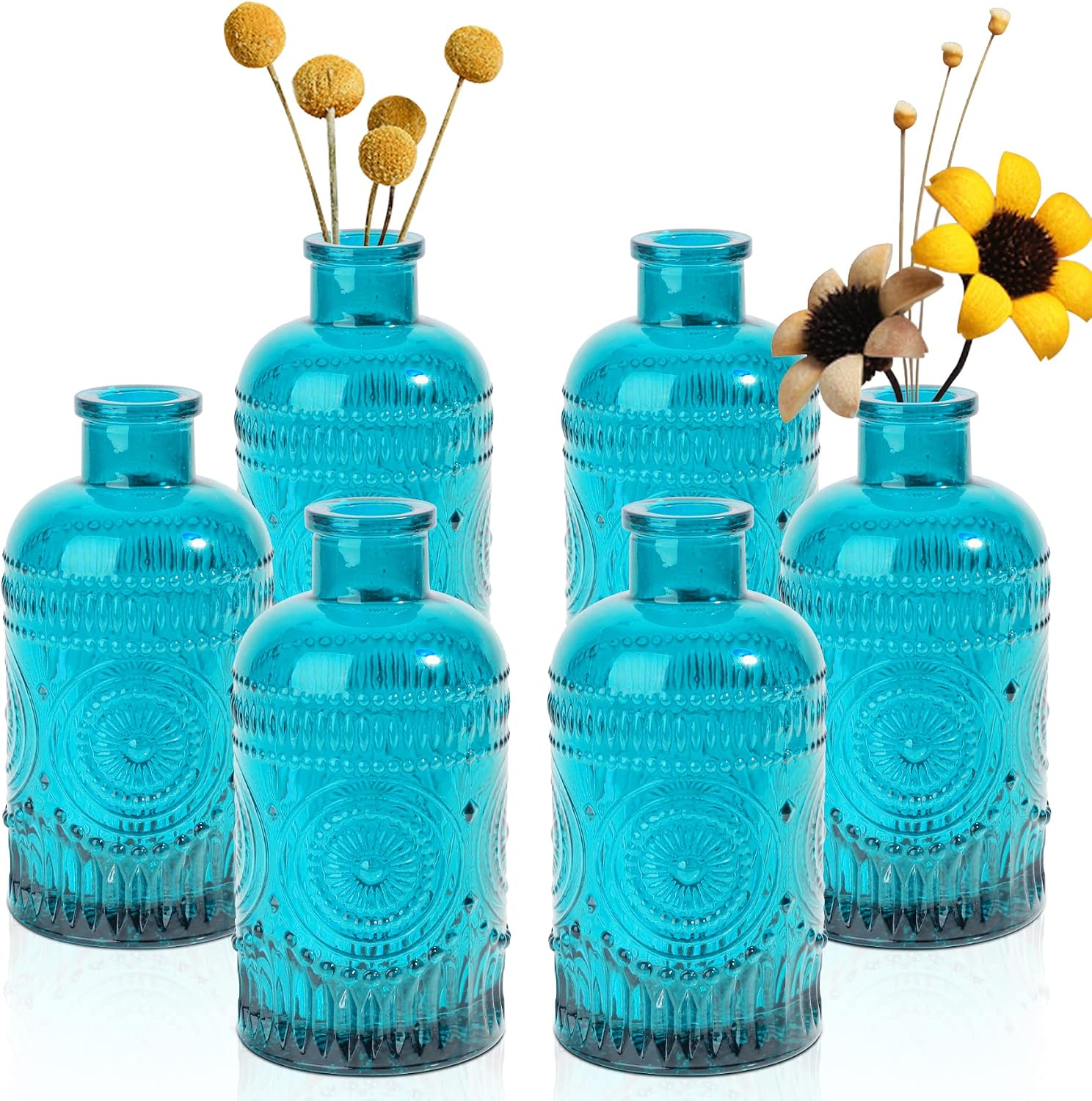 ComSaf Glass Bud Vases Set of 6, Small Clear Bud Vases in Bulk, Mini Vintage Decorative Bottles, Modern Floral Centerpiece for Flowers, Wedding Recepetion, Home Decor, Housewarming Gift (Blue)