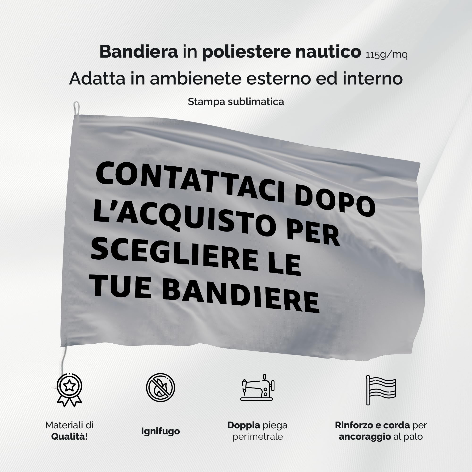 AL PRODUCTION Kit Asta e Bandiere Personalizzate per Interno - Bandiera Personalizzata in Tessuto Nautico 115 gr/mq 100x150 cm, 1 Asta da 200 cm in Acciaio e base 4 kg - Made in Italy