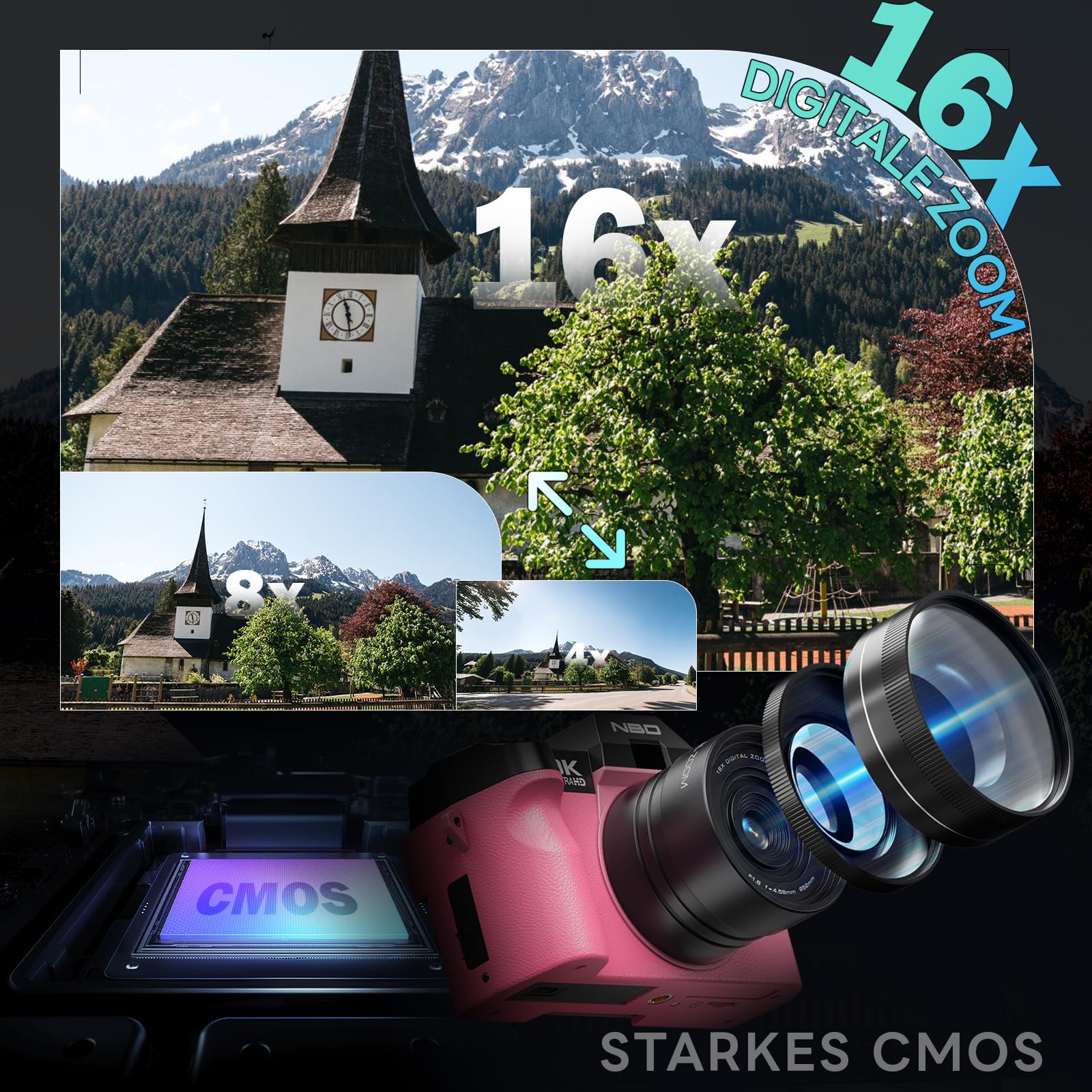NBD 8K Digitalkamera 64MP Autofokus 16X Zoom 3" 180° Klappdisplay WiFi Weitwinkel Makro Linse 2 Akkus 64GB Karte Mikrofon Rosa
