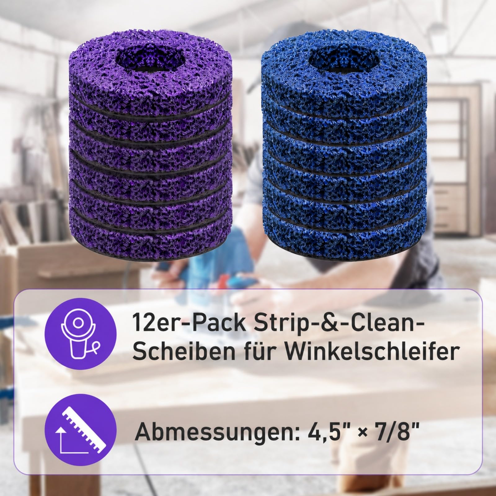 12 Stück Streifenscheiben für Winkelschleifer, 115mm Hochleistungs und Bruchsichere Reinigungsscheibe, Lackentferner Schleifräder für Metall, Holz, Beton, Kunststoff