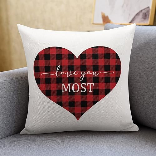 Love Heart Throw Cushion Cover Case Red and Black Buffalo Plaid Love Heart Love You Most Decorative Pillow Cover Linen Square Zipped Pillow Case for